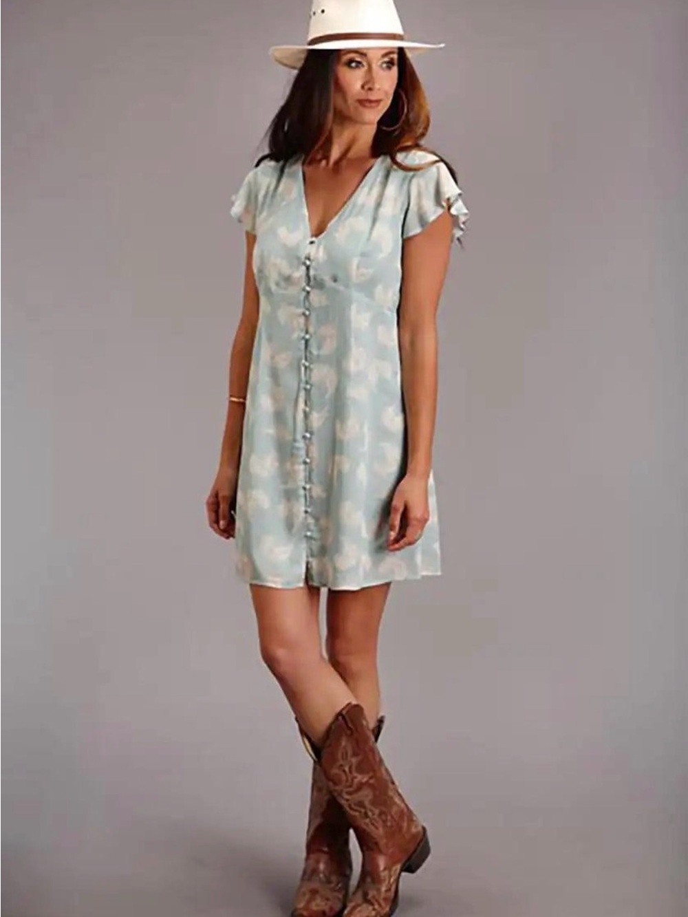 Stetson Light Blue Floral Button-Front V-Neck Mini Dress